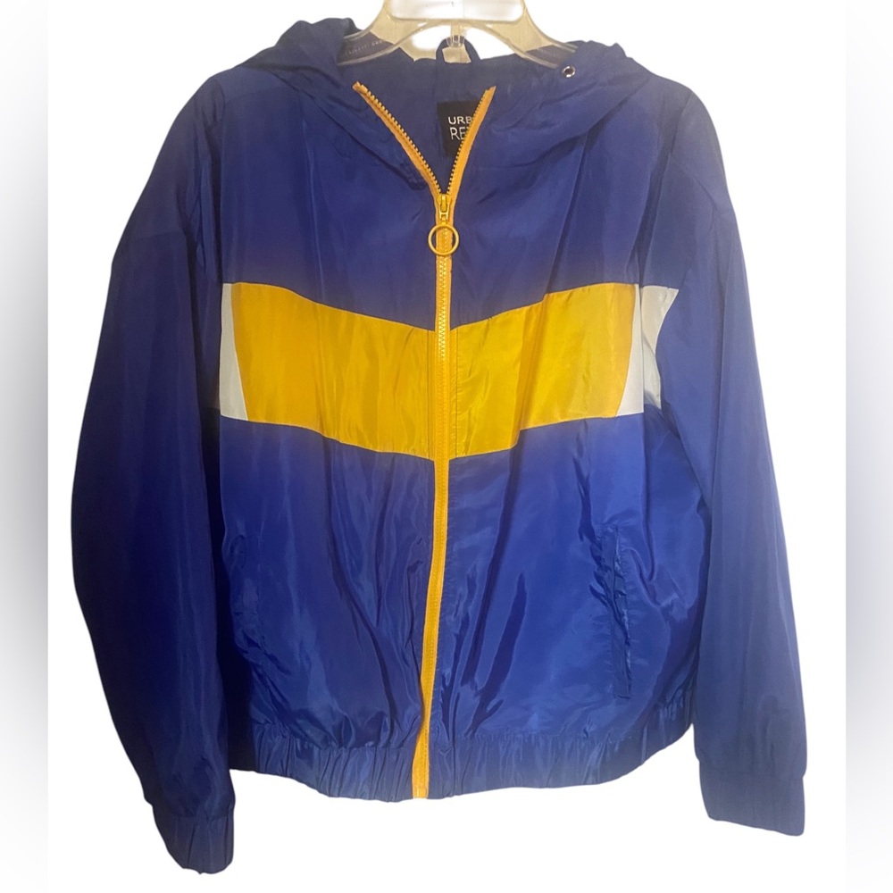 Urban Retro zipup blue yellow hooded  windbreaker Jacket xl extra large unisex